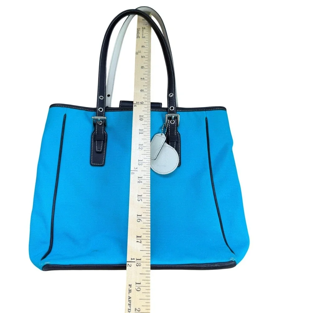 Coach Tote Bag Turquoise Canvas Black Leather CFDA Breast Cancer Charm - Picture 7 of 16
